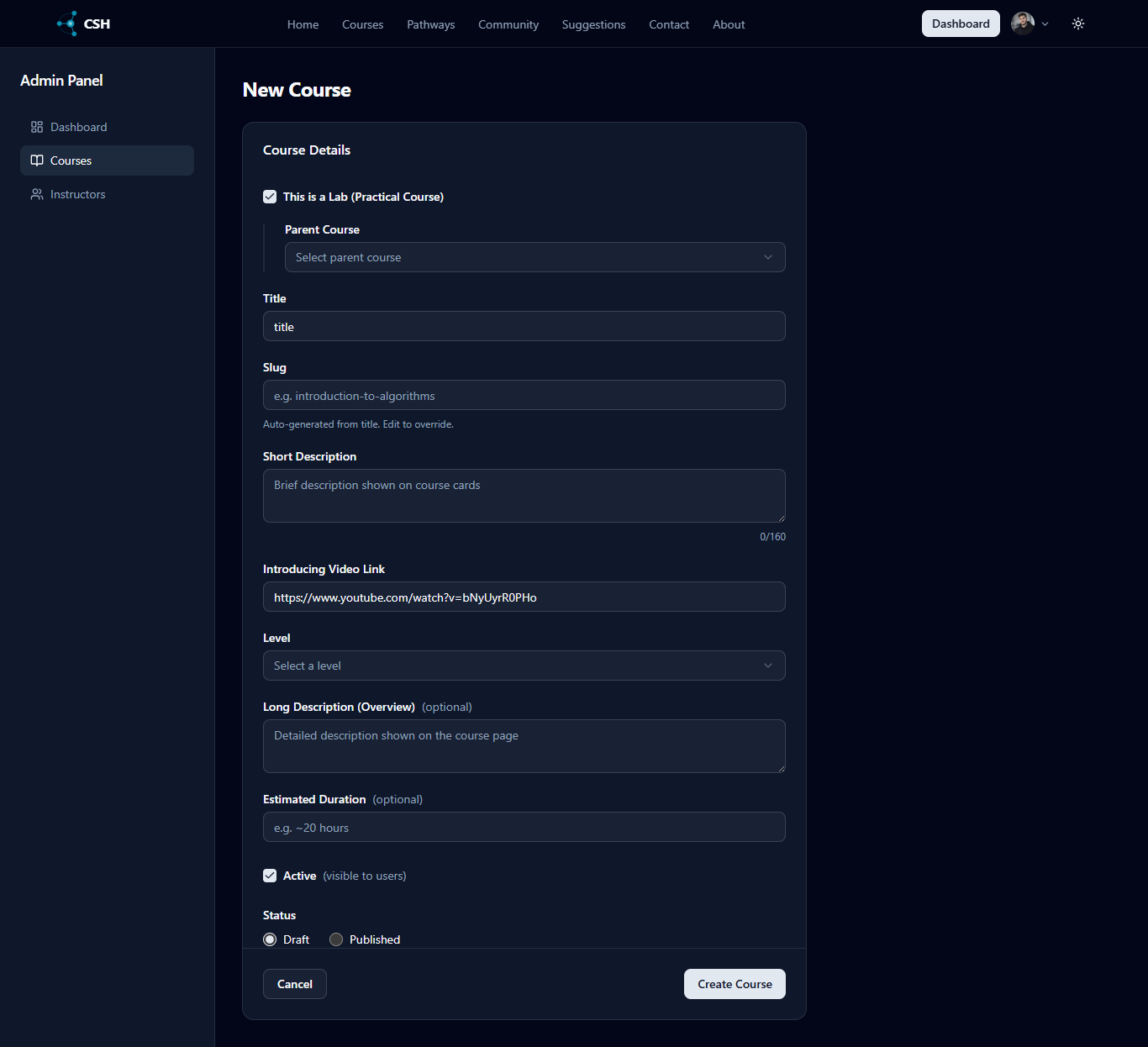 Admin - add course | Dark